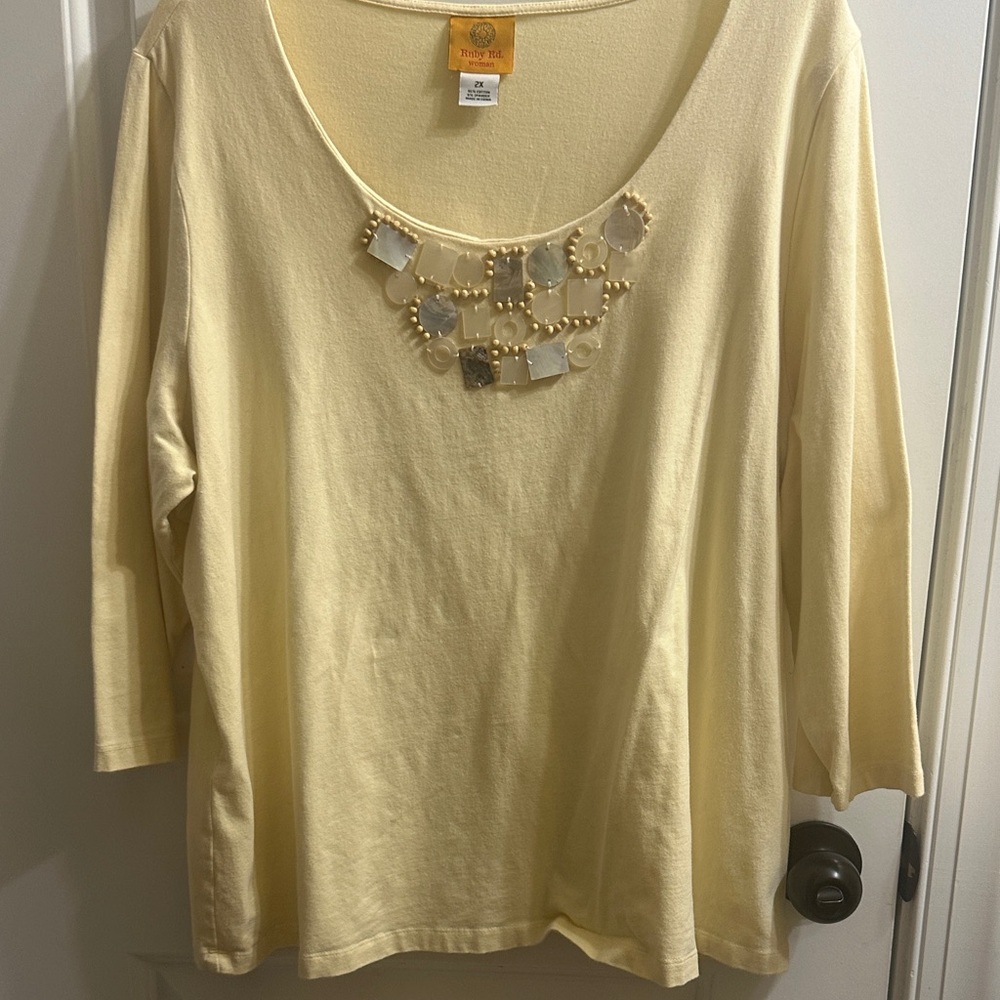 Ruby Rd. ButterCream 3/4 Sleeve Top with Embellished Neckline